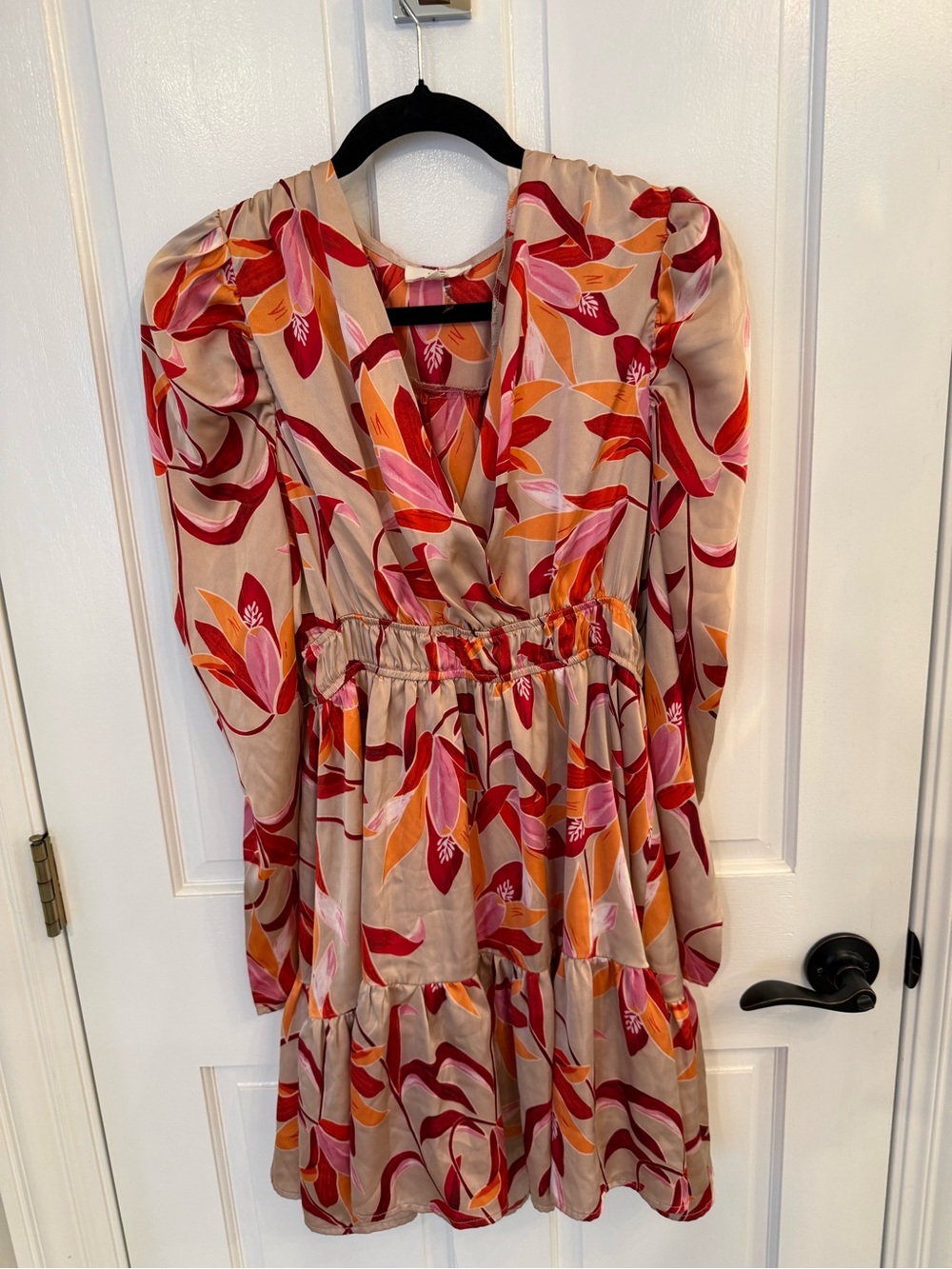 Entro Beige Floral Wrap-Style Women's Dress with Pink & Red Leaves